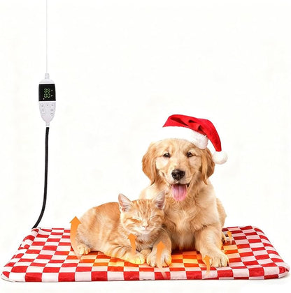Dog and Cat Heating Pad, 12 Adjustable Temperature & Timer with Chew Resistant Cord, Indoor Pet Heated Bed Mat for Cats and Dogs (Red, 27.5x17.7in)