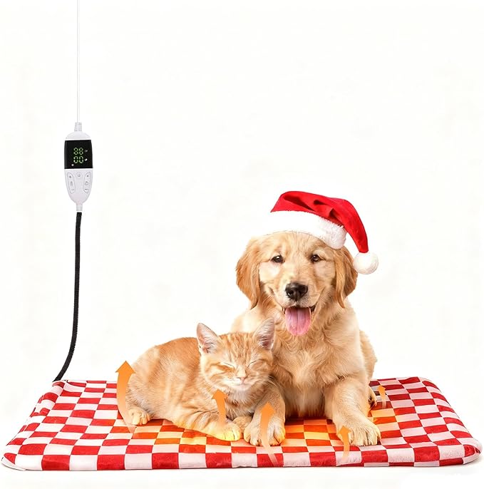 Dog and Cat Heating Pad, 12 Adjustable Temperature & Timer with Chew Resistant Cord, Indoor Pet Heated Bed Mat for Cats and Dogs (Red, 35.4x23.6in)