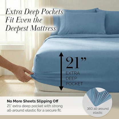 Southshore Fine Living, Inc. 4-Piece Deep Pocket Twin Sheet Set, 21-Inch Twin Deep Pocket Fitted Sheet, Microfiber Sheets, Standard Pillow Cases Set of 2, Blue Bedding Sets, Coronet Blue Sheets