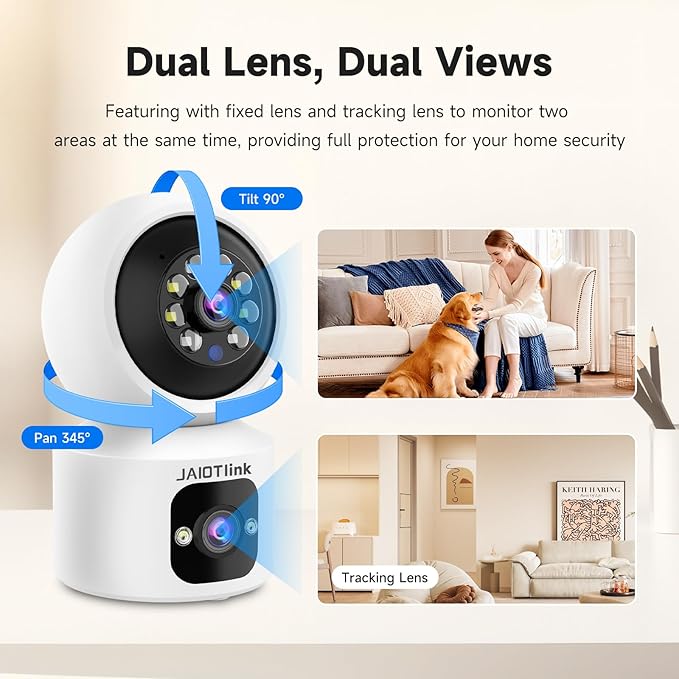 JAIOTlink Indoor Pet Security Camera for Dog Cat, 360° Pan Tilt Baby Monitor, 2.5k Dual-Lens WiFi Camera with Phone App, 2.4G/5G WiFi, AI Human & Pet Detection,Compatible with Alexa