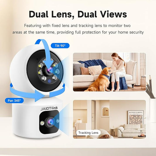 JAIOTlink Indoor Pet Security Camera for Dog Cat, 360° Pan Tilt Baby Monitor, 2.5k Dual-Lens WiFi Camera with Phone App, 2.4G/5G WiFi, AI Human & Pet Detection,Compatible with Alexa