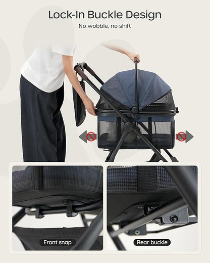 3 in 1 Pet Carrier Stroller with Detachable Carrier, Foldable Dog & Cat Stroller for Small/Medium Dogs up to 33 lbs, Large Storage Bag, Full Window Mesh, One-Touch Dual Brake, Car Seat