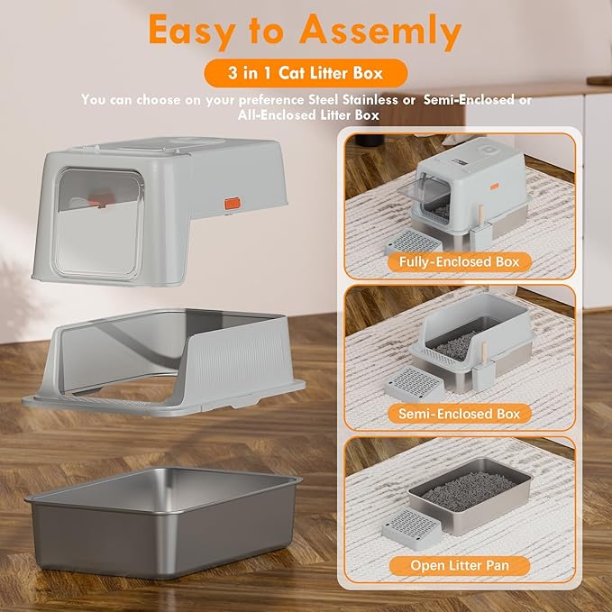 Smart 3-Speed Deodorization XXL Stainless Steel Cat Litter Box - Infrared Sensor, Extra Large Odor Control Litter Box for Large Cats & Multi-Cat Households 135° Flip-Top Metal Cat Litter Box - Grey