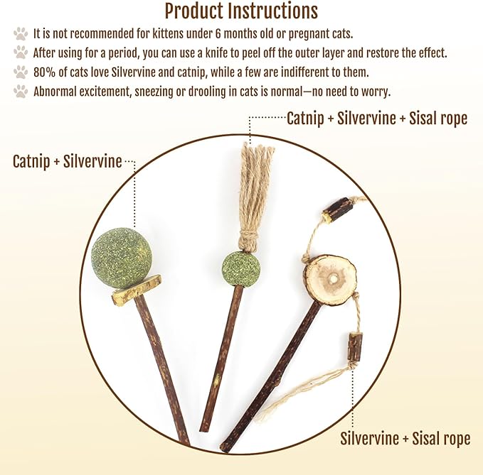 3PCS Natural Catnip Chew Toys | Silvervine & Sisal Rope | Dental Care & Anxiety Relief | Indoor Cats 6+ Months | Teething Kitten Toys
