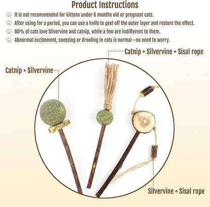 3PCS Natural Catnip Chew Toys | Silvervine & Sisal Rope | Dental Care & Anxiety Relief | Indoor Cats 6+ Months | Teething Kitten Toys