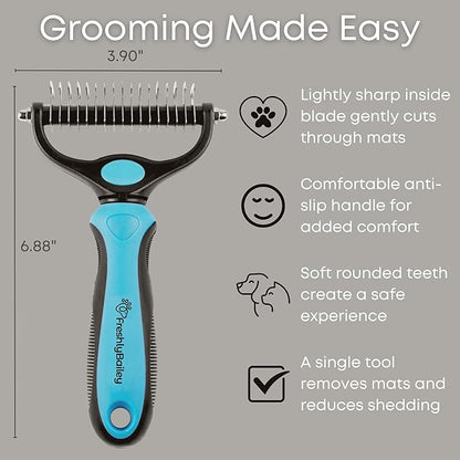 Freshly Bailey Dematting Comb for Cats and Dogs, Mat Remover and Deshedding Grooming Tool, Safe Detangler for Matted Fur, Double Sided Undercoat Rake