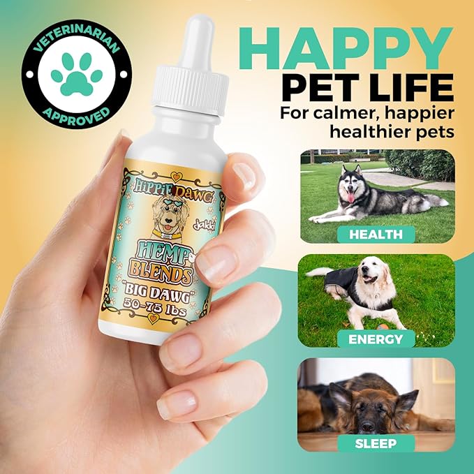 Hippie Dawg Big DAWG Hemp Oil for Large Dogs (50-75 lbs) - Maximum Strength Hip and Joint Support with Glucosamine, Collagen & Hyaluronic Acid - Natural Calming Tincture for Mobility & Wellness - 1oz