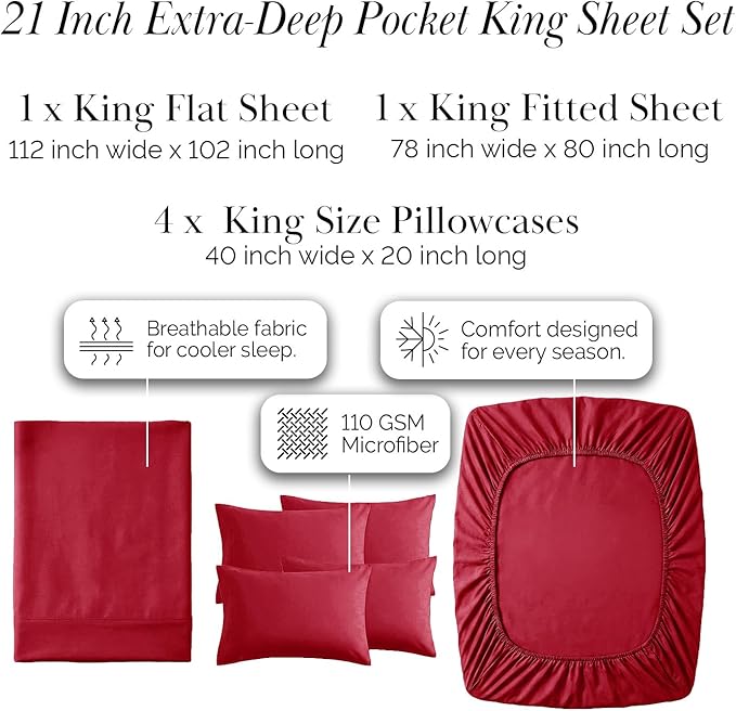 Southshore Fine Living, Inc. Extra Deep Pocket King Sheet Set, 6-Piece Ultra-Soft Microfiber Bed Sheets with Oversized Flat and 21" Deep King Fitted Sheets, 4 Pillowcases, Chili Pepper Red