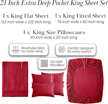 Southshore Fine Living, Inc. Extra Deep Pocket King Sheet Set, 6-Piece Ultra-Soft Microfiber Bed Sheets with Oversized Flat and 21" Deep King Fitted Sheets, 4 Pillowcases, Chili Pepper Red