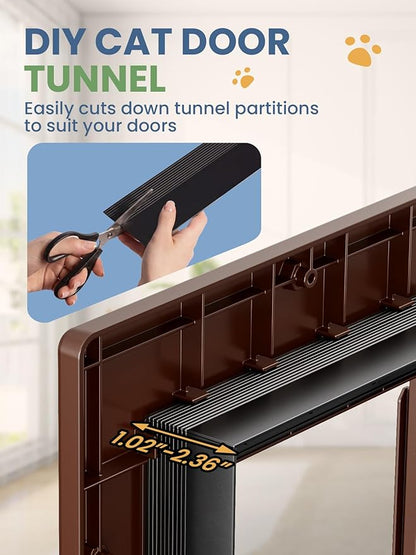 Cat Door, Cat Door Interior Door with Soft Magnetic Flaps, Sliding Panel Closure, Telescoping Tunnel, Easy DIY Installation Kitty Door, Exterior Cat Doors for Cats Up to 20 lbs, Brown