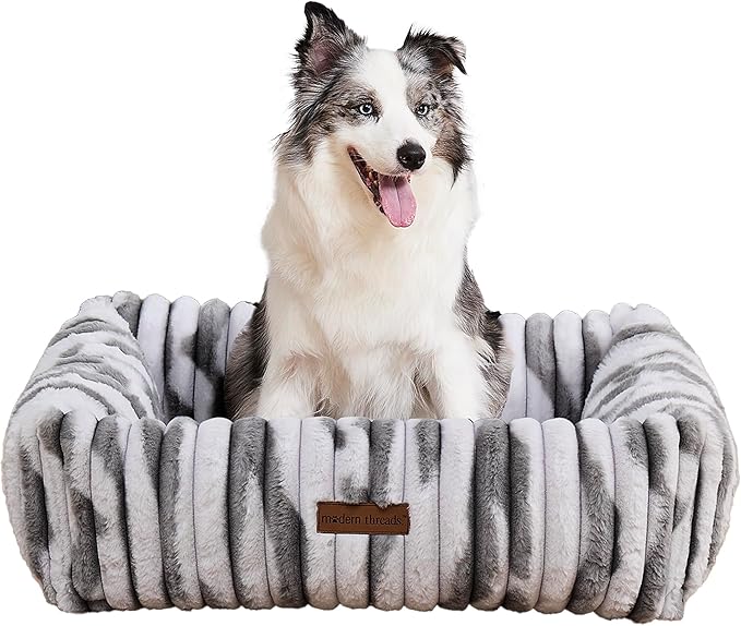 Modern Threads Ribbed Plush Two-Tone Cuddler Dog Bed, Ultra-Soft Faux Rabbit Fur, Supportive Bolstered Sides, Removable Washable Cover, Bed for Medium Dogs, Silver, (28" L x 21" W x 9" Th)
