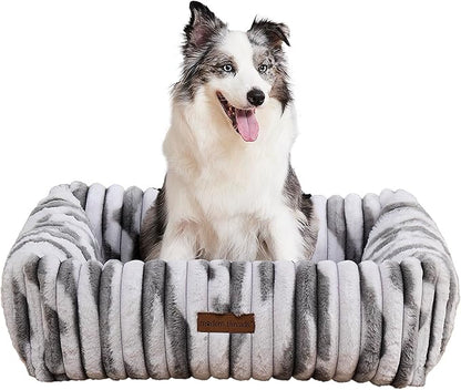 Modern Threads Ribbed Plush Two-Tone Cuddler Dog Bed, Ultra-Soft Faux Rabbit Fur, Supportive Bolstered Sides, Removable Washable Cover, Bed for Medium Dogs, Silver, (28" L x 21" W x 9" Th)