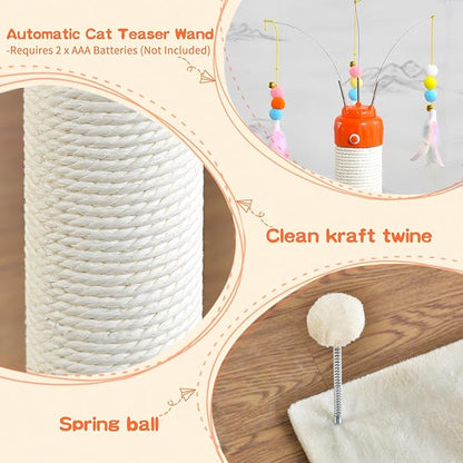YARUOMY Cat Scratching Post ，33.4" Sisal Rope Cat Scratcher Tall Scratching Post for Indoor Cats with Interactive Cat Toys Automatic Teaser Wand and Rotating Hanging Balls