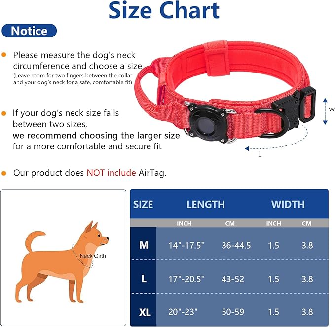 Waterproof AirTag Dog Collar with QR Code ID Tag, Tactical Military Dog Collar with Built-in AirTag Holder, Heavy Duty Metal Buckle & Control Handle, GPS Tracker Collar for Large Dogs (Red, XL)