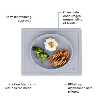 ezpz Tiny Plate (Pewter) - 6 Months+ - 100% Silicone Suction Placemat + Plate for Infants - Fits on Most Highchair Trays - Baby Led Weaning Supplies
