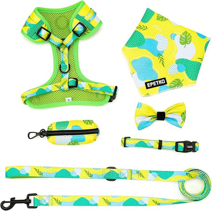 Small Dog Harness and Leash Set of 6, No Pull Soft Lightweight Mesh Puppy Harness， Adjustable Cute Floral Pattern Pet Harness for Small Medium Dogs (Green Leaf, L)