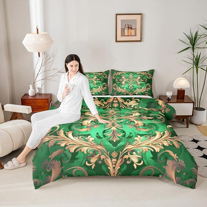 Erosebridal Golden Damask Queen Comforter Set, Vintage Florals Exotic Soft Bed Set for Kids Boys Girls, Aztec Boho Waterproof Paisley Duvet Insert for Bedroom, Bohemian Retro Hippie Down Comforter
