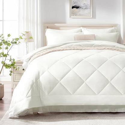 Love's cabin California King Comforter Set Ivory, 7 Pieces California King Bed in a Bag, All Season Bedding Sets with 1 Comforter, 1 Flat Sheet, 1 Fitted Sheet, 2 Pillowcase and 2 Pillow Sham