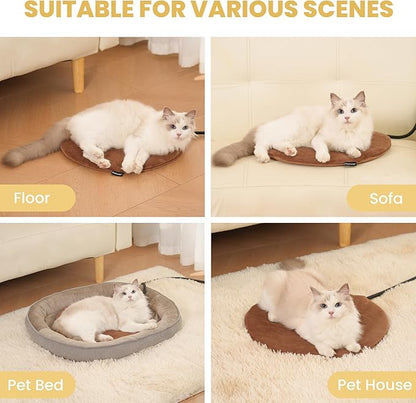 Pet Heating Pad for Cats Dogs Indoor & Sheltered Outdoor Waterproof Heated Cat Bed Heated Dog Bed Chew Resistant Cord Constant Temperature Brown Round 16 Inch