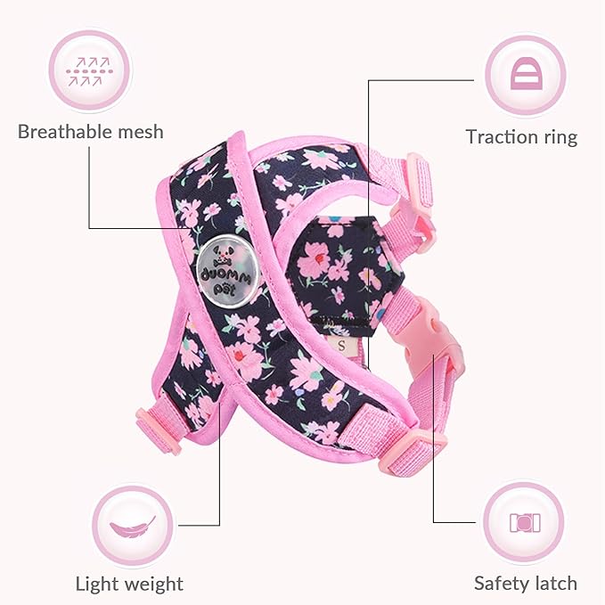 Patas Lague Dog Harness with Leash Set Adjustable Soft Padded Step-in Dog Vest No Choke No Pull Reflective for Small Pets with Poop Bags and Dispenser, Solid and No-chew, Floral Pink XS