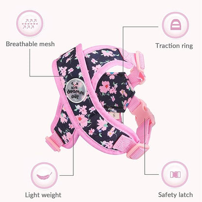 Patas Lague Dog Harness with Leash Set Adjustable Soft Padded Step-in Dog Vest No Choke No Pull Reflective for Small Medium Pets with Poop Bags and Dispenser, Solid and No-chew, Floral Pink M