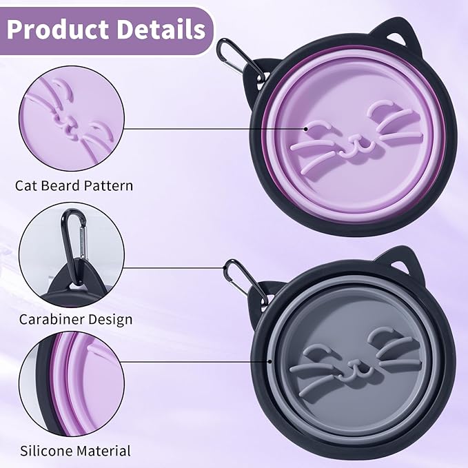 2Pack Silicone Collapsible Dog Bowls, Cute Pet Ear Shape and Cat Graphic Travel Water Bowl Full of Pet Atmosphere 25oz Portable Feeder for Small Large Dog Walking Hiking Camping (Purple and Grey)