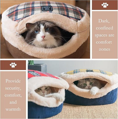 Cat Cave Bed – Plush, Warm & Calming Hideaway with Detachable Lid & Mat, Covered House for Indoor Kitten & Kitty (Snow)
