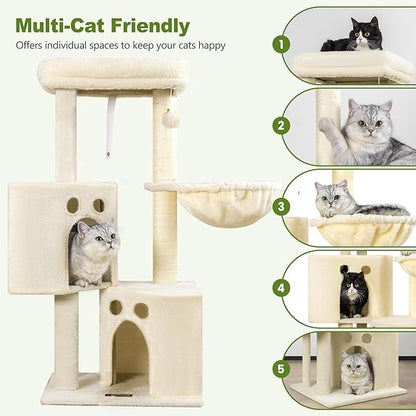 Small Cat Tree Tower for Indoor Cats, 40 in Medium Compact Adults Cat Beds Trees with 2 Condos, Sisal Scratching Post, Large Perch Platform, Multi-Level Kitty Kitten Climbing Stands House(Beige)