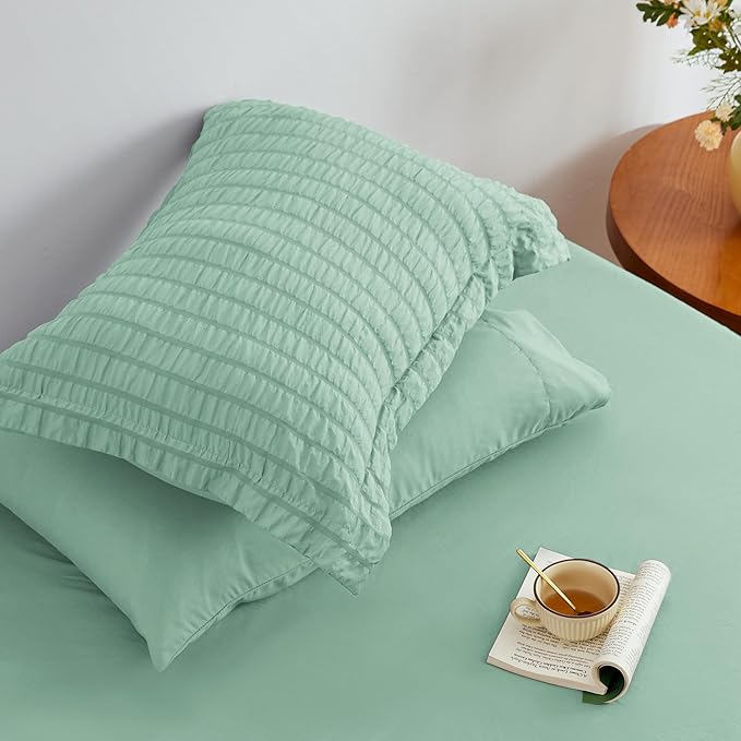 Love's cabin Seersucker Light Green King Size Comforter Set, 7-Piece All Season Lightweight Bed in a Bag Bedding Set with Comforter, Flat Sheet, Fitted Sheet, Pillowcases and Shams | Soft, Breathable, Lightweight