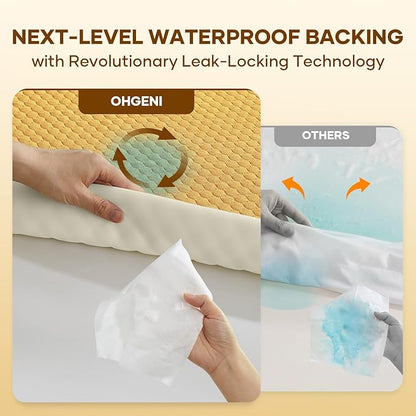 OhGeni 100% Waterproof Mattress Protector,Queen Size Mattress Soft Pad,Pet Hair & Bedwetting Resistant,Cooling Breathable Fitted Sheets,Washable Bed Cover,Non-Slip Deep Pocket,Noiseless,Yellow