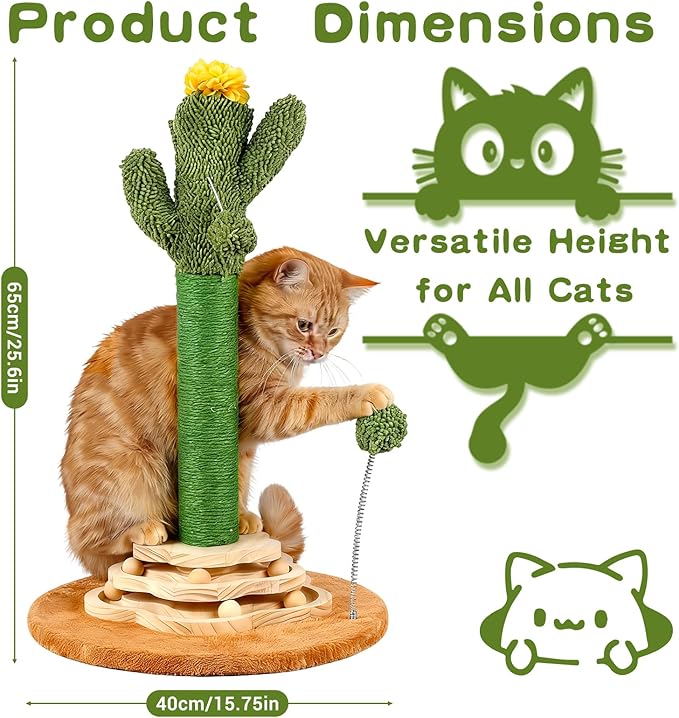 Cactus Cat Scratching Post Cat Tree, Cute Cat Scratching Post with Interactive Ball Two-Layer Track Spring Ball Toys, Standing Sisal Cactus Cat Scratcher for Indoor Cats and Kittens