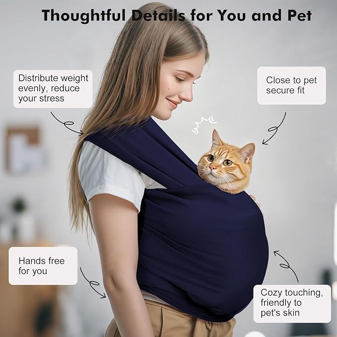 Pawaboo Pet Sling Carrier, Hands Free Dog Carrier Sling for Small Dogs and Cats, Puppy Kitten Pouch Soft Cotton Front Facing Cat Carriers Papoose, Reduce Back Neck Pain, Navy Blue