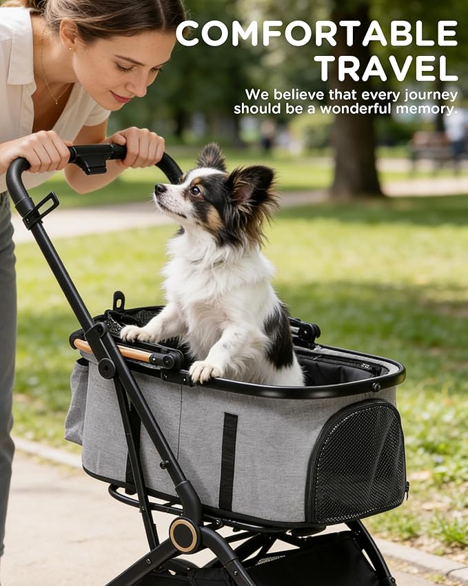 GTPLAYER Pet Stroller with Matching Stroller Mat Set, for Small Dogs and Cats Up to 45 lb, Detachable Carrier, One-Hand Fold, Stroller: Grey, Mat: Grey