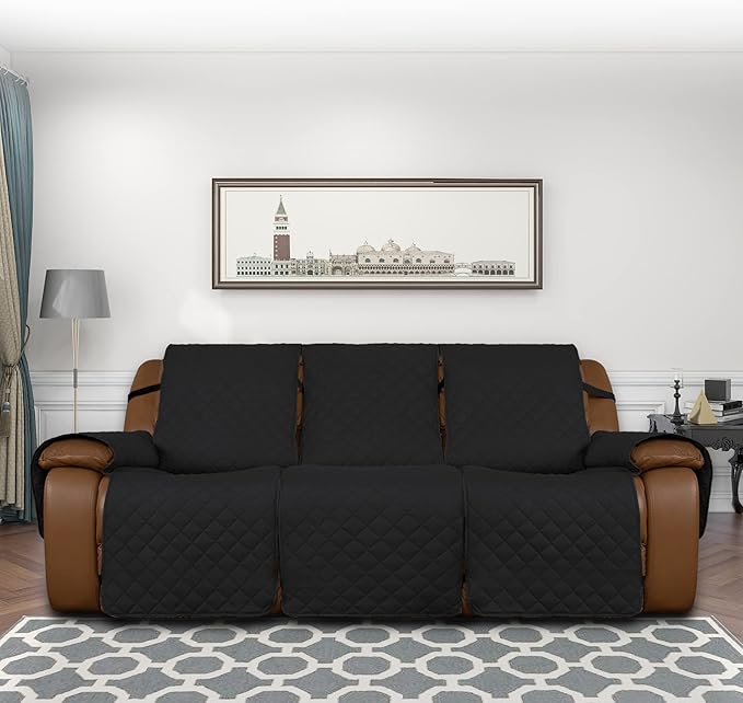 Easy-Going Oversized Recliner Sofa Cover, Reversible Couch Cover for 3 Seat Recliner, Split Sofa Cover for Each Seat with Elastic Straps for Kids, Dogs, Pets (3 Seater, Black/Black)
