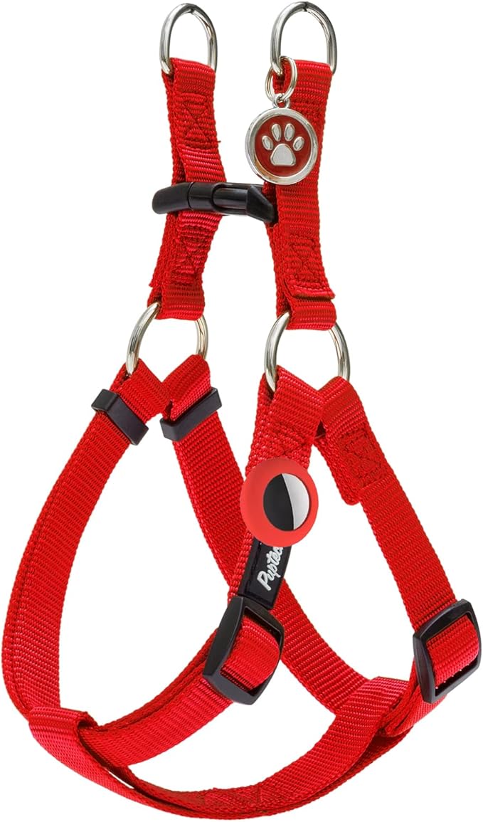 PUPTECK No Pull Dog Harness Soft Adjustable Basic Nylon Step in Puppy Vest Outdoor Walking with ID Tag and A-ir Tag Case, Red, M