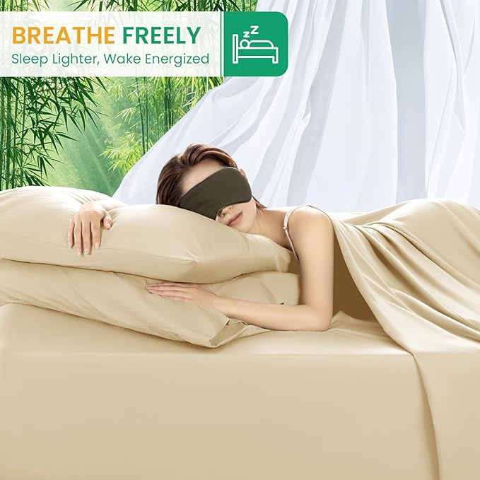 SONORO KATE 100% Viscose Derived from Bamboo_Sheets Cal King Size, Ultra Breathable & Cooling Bed Sheets for Hot Sleepers, Hotel Luxury Silky Bedding Sheets, 16" Deep Pocket - 4PC (Beige,Cal King)