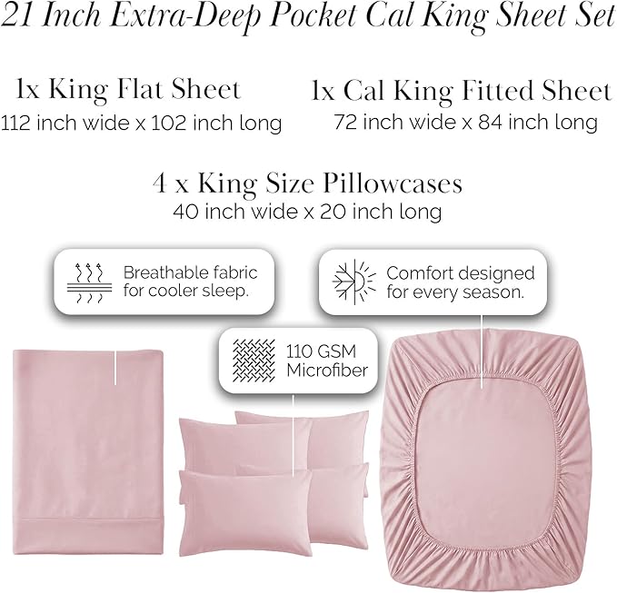 Southshore Fine Living, Inc. 21-Inch Extra Deep Pocket Cal King Sheet Set, 6-Piece California King Sheets Deep Pocket, Pet Hair Resistant Bedding, Pink Pillow Cases Set of 4, Pastel Pink Sheets Set