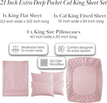 Southshore Fine Living, Inc. 21-Inch Extra Deep Pocket Cal King Sheet Set, 6-Piece California King Sheets Deep Pocket, Pet Hair Resistant Bedding, Pink Pillow Cases Set of 4, Pastel Pink Sheets Set