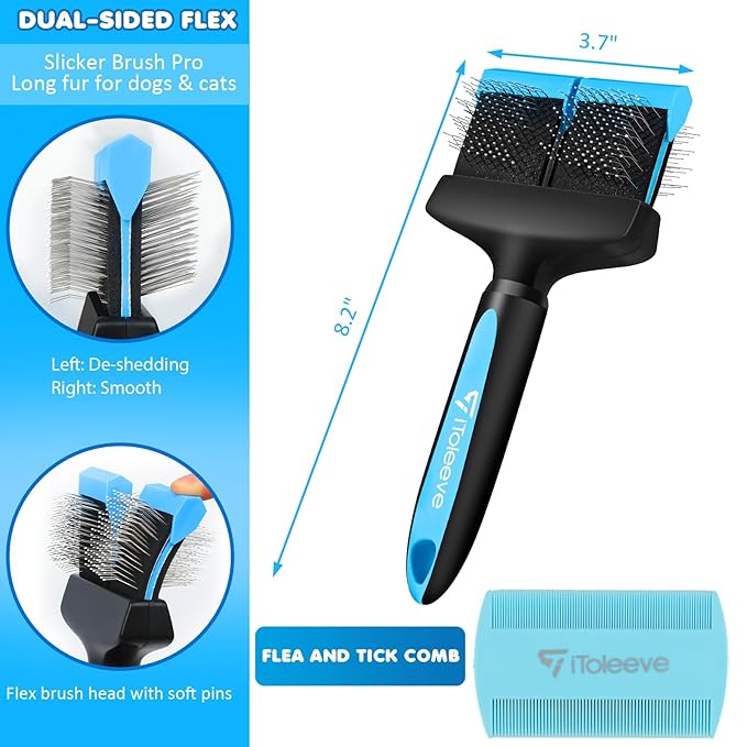 iToleeve Dual Flex Slicker Brush Dog Brush, Gentle Grooming Tool for Sensitive Dogs & Cats - Ideal for Long Hair, Removes Undercoat, Tangles, and Knots