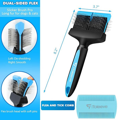 iToleeve Dual Flex Slicker Brush Dog Brush, Gentle Grooming Tool for Sensitive Dogs & Cats - Ideal for Long Hair, Removes Undercoat, Tangles, and Knots