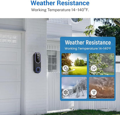 1080p Smart Video Doorbell Camera Wireless, Live View, AI Human Detection, Night Vision, Cloud Storage, 2.4G WiFi, Battery Powered, Indoor Outdoor Surveillance
