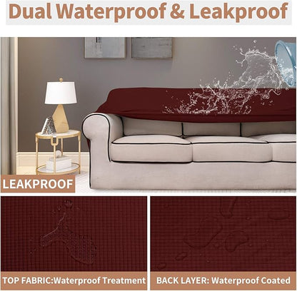 Easy-Going 100% Waterproof Couch Cover, Dual Waterproof Sofa Cover, Stretch Jacquard Sofa Slipcover, Leakproof Furniture Protector for Kids, Pets, Dog and Cat (Sofa, Wine)