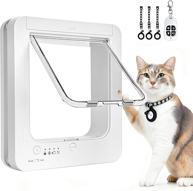 Smart Cat Door for Interior & Exterior, RFID Cat Pet Door with 3 Collar Sensor Keys & 1 Remote Control & 4 Way Locking Cat Flap with Collar Sensors Activated Opening CatDoor (White) (White)