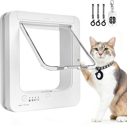 Smart Cat Door for Interior & Exterior, RFID Cat Pet Door with 3 Collar Sensor Keys & 1 Remote Control & 4 Way Locking Cat Flap with Collar Sensors Activated Opening CatDoor (White) (White)