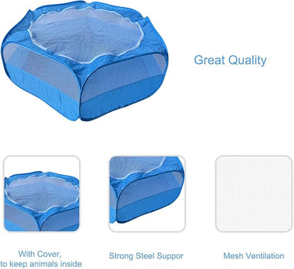 Small Animal Playpen with Zippered Mesh Cover - Portable Foldable Chicken Brooder Box, Indoor Outdoor Enclosure for Guinea Pigs, Bunny, Rabbits, Ferrets, Chinchillas, Kittens (Blue)
