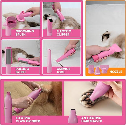 Dog Grooming Vacuum and Dryer Kit, Blower for Pet Vacuum Grooming 7 in 1 with Clippers for Dogs Hair Shedding Brush Remover Tools at Home Pink