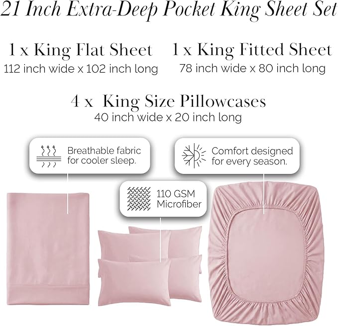 Southshore Fine Living, Inc. 6 Piece King Size Sheets Set, 21-Inch Extra Deep Pocket King Sheet Set, Full Elastic Fitted Sheet, Oversized Flat, 4 Pillow Cases, Pastel Pink Bedding, Pastel Pink Sheets