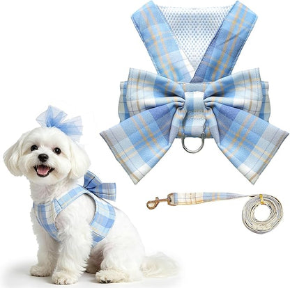 Cute Dog Harness and Leash Set with Bow Tie Soft Mesh Plaid Girl Puppy Harness No Pull Pet Cat Dog Vest Harness for Small Dogs Chihuahua Rabbit Outfit (Blue,XL)