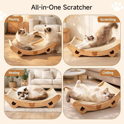 Upgraded Sisal Cat Scratcher Bed, Solid Oak Frame 1.3 cm Thick, 100% Sisal Pad, Curved Scratch Lounger, Stable Base Up to 36 lb, Sofa Protector, Odor-Free, 23.6" x 13.7"
