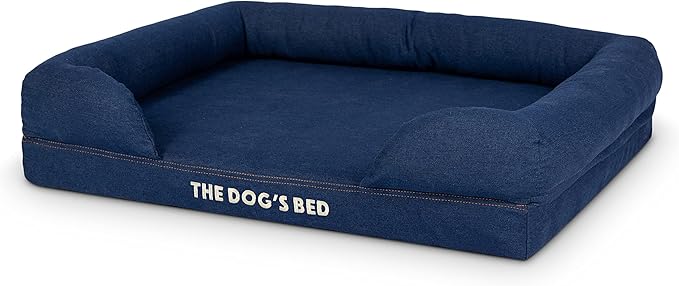 The Dog’s Bed Orthopedic Memory Foam Dog Bed with Bolsters for Medium Dogs, Waterproof Washable Cover, Anti-Slip Base, Calming Surface – CertiPUR-Certified Foam, Denim Fabric, Blue Denim, Medium